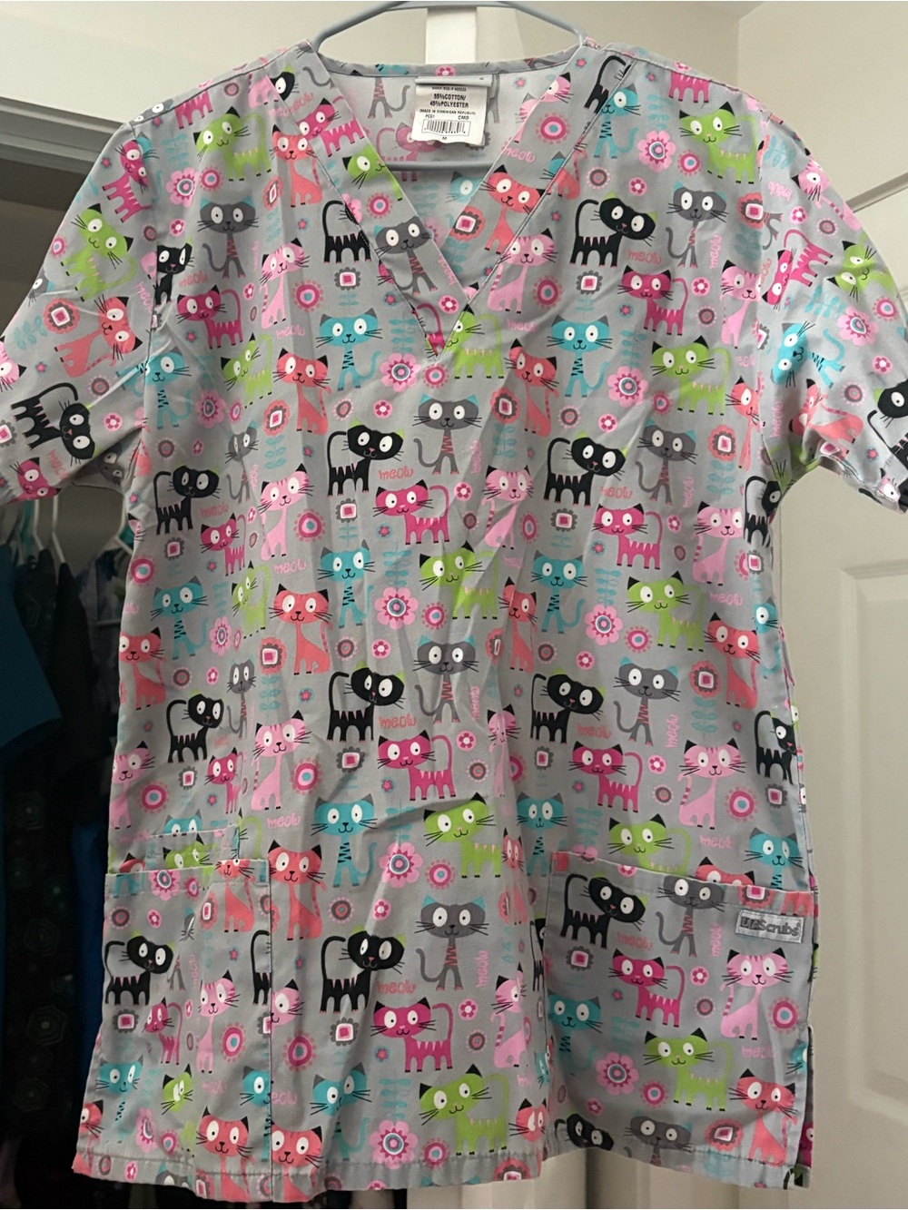 Women’s Scrub Top with Colorful Cat Print